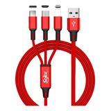 Cable Usb Tipo C/ Micro Usb/ 8 Pines 3 En 1 Datos Carga Color Rojo
