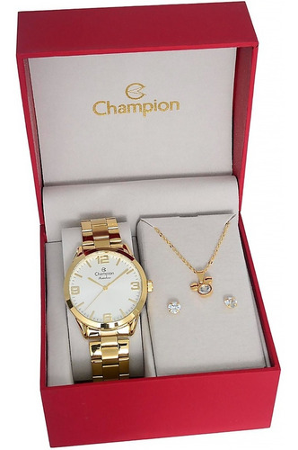 Relogio Champion Feminino + Colar E Brinco Folheado Ouro 18k