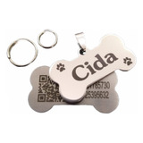 Placa Identificação Cães Qr Code - Aço Inox Cor Prata Osso