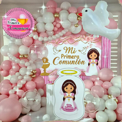 Set Globos Primera Comunión Cruz Celebracion Eucaristía Deco Rosa / Blanco 2 Primera Comunión
