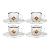 4 Xícaras Pequenas 75ml C/ 4 Pires Coup Grid Em Porcelana 