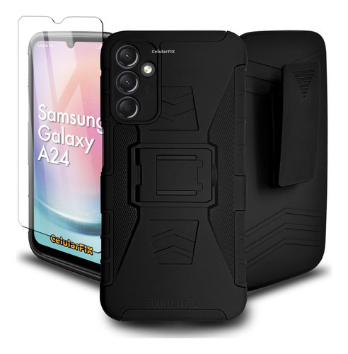 Funda Protector P/ Samsung Galaxy A24, Uso Rudo Clip C/ Mica Color Negro Samsung A24
