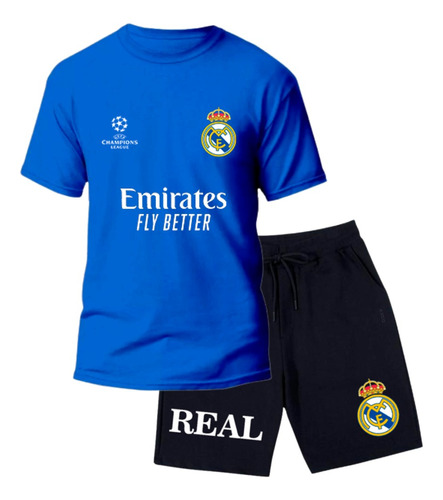 Conjunto Camiseta Do Real Madrid + Bermuda Infantil Moletom 