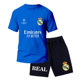 Conjunto Camiseta Do Real Madrid + Bermuda Infantil Moletom 