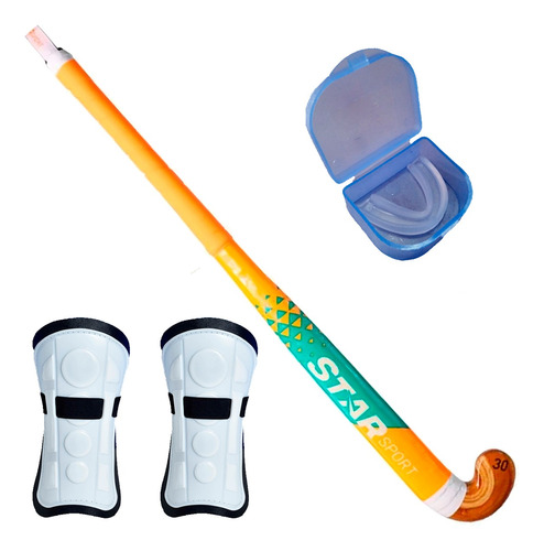 Kit Hockey Palo Madera + Canilleras + Bucal Escolar Inicial