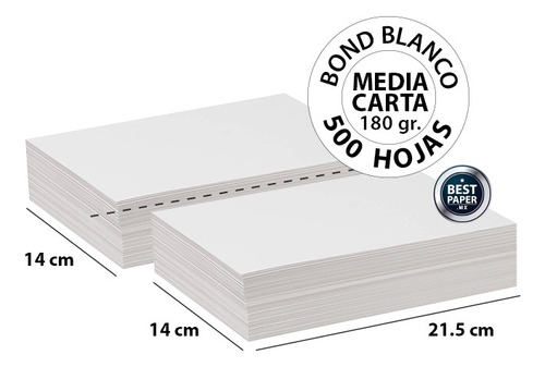 Papel Bond Blanco Media Carta 180 Gr - 500 Hojas