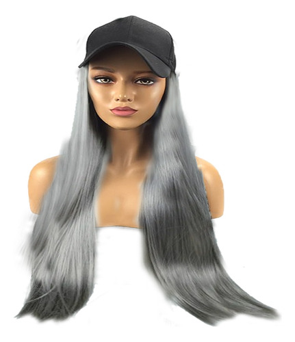 Gorra Con Extensiones De Cabello Peluca Larga Gris Cenizo