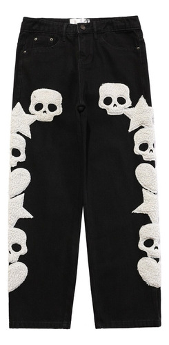 Pantalones Cargo Rectos Con Bordado De Calavera De Bolsillo