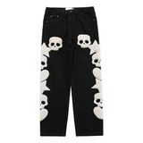 Pantalones Cargo Rectos Con Bordado De Calavera De Bolsillo