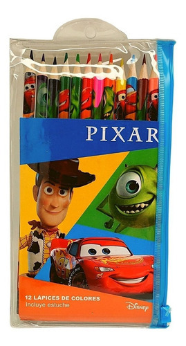 12 Lapices De Colores Con Estuche Pixar Disney Tapimovil