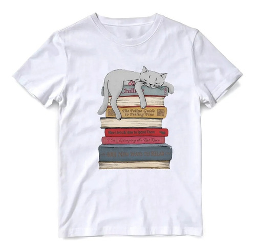 Remera Gato Libros Cute Calidad Premium Adultos Y Niños 