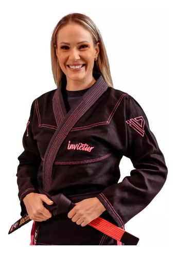 Kimono Jiu Jitsu Feminino Preto Costura Rosa Invictus