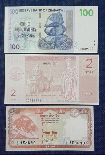 3 Billetes De Zimbawe, Nepal Y Armenia, Estado Unc