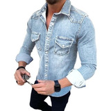 Men's Solid Color Long Sleeve Jeans Shirt Vintage Q1