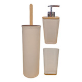 Kit De Baño Set X3 Piezas Escobilla + Dispenser + Vaso Bambú