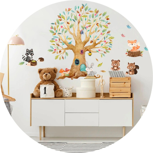 Vinilo Decorativo Animales Bosque Arbol Acuarela 100x80 Cm