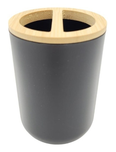 Vaso Porta Cepillos Con Tapa De Bambu Color Negro