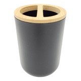 Vaso Porta Cepillos Con Tapa De Bambu Color Negro