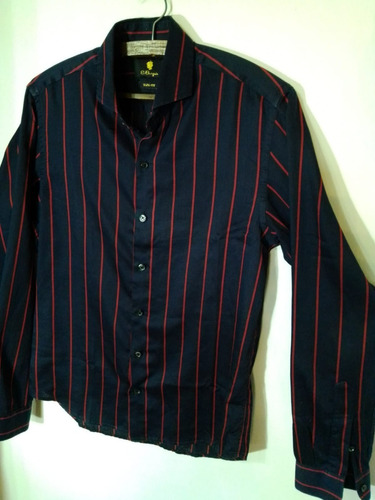 Camisa El Burgués Slim Fit Azul Rayas Rojas 