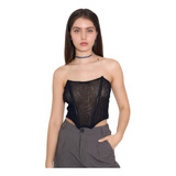 Top Corset Microtul Tul Negro Moda Mujer Fiesta Noche 