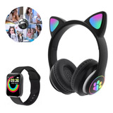 Fone De Ouvido Bluetooth Orelha Gatinho Criança Led Sem Fio Cor Preto Luz Colorido