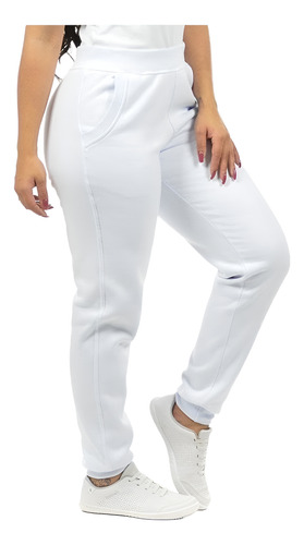 Calça Branca De Moletom Feminina Flanelada Com Cordão Ajuste