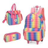 Kit Mochila Rodinhas Arco Iris Metalizado Up4you Cor Salmão