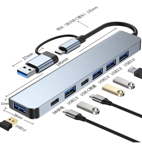 Adaptador Hub Tipo C Y Usb 7 En 1 : 5 Usb Y 2 Tipo C Macbook