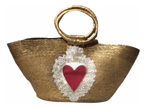 Bolsa De Playa Mimbre Dorado Estampado Corazón