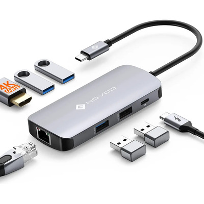 Novoo Adaptador Tipo C Hub 7 En 1 Usb Hdmi 4k Con Ethernet Para Macbook Pro Mac iPad Portatil Laptop Color Plateado | Meses sin interés
