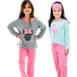 2x Pijamas Infantil Longo Fechado Feminino Cumprido Inverno