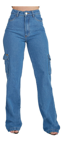 Calça Jeans Wide Leg Cargo Bolso Lateral Azul Premium