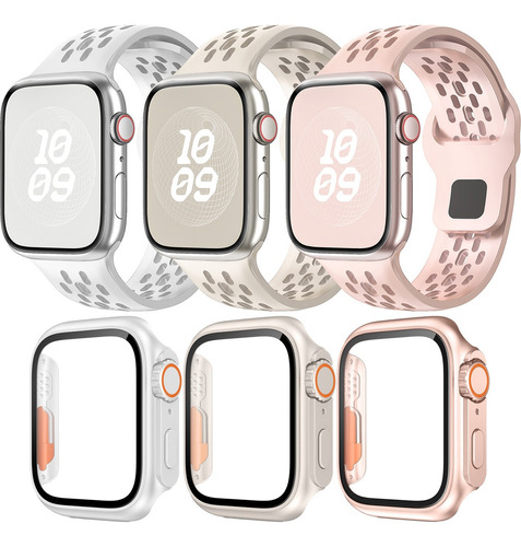 3 Correas + 3 Pc Funda Mica Para Apple Watch Iwatch Se 9 8 7