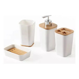 Set De Bambú Dispenser Jabonera Vaso Porta Cepillo Dientes