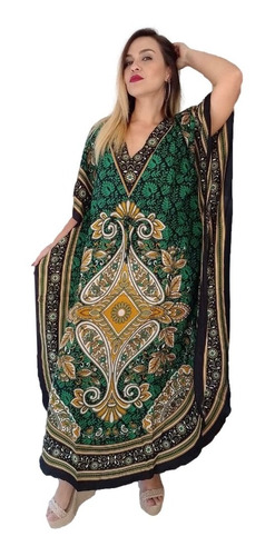 Vestido Kaftan Indiano Longo Estampado Plus Size - Cod.14010