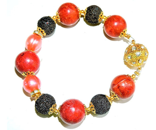 Pulsera - Aretes Coral Rojo Y Perla  Y Piedra Volcanica 