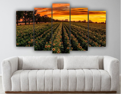 Set De 5 Cuadros Decorativo Campo De Girasoles Atardecer - 1