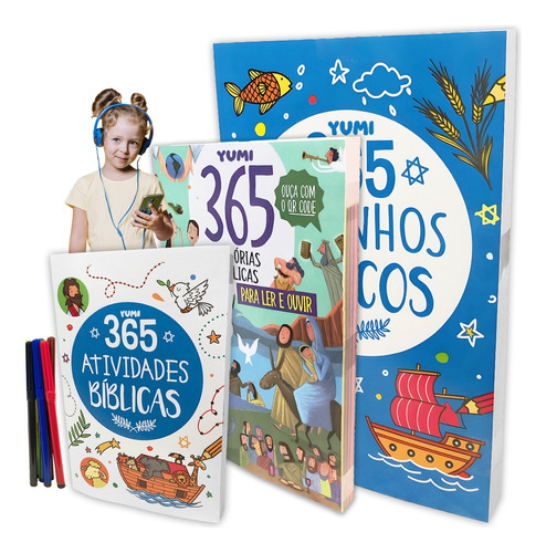 Kit 3 Livros - 365 Histórias Bíblicas Para Ler E Ouvir Áudio + 365 Desenhos Bíblicos + 365 Atividades Bíblicas Para Crianças + Brinde