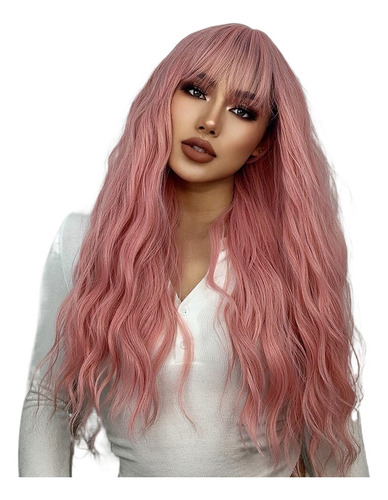 Peluca Cabello Fleco Pelo Rosa Larga Rizada Ondulada Cosplay