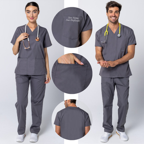 Pijama Cirúrgico Uniforme Privativo Scrubs Bordado Gratis