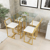 Conjunto Mesa Vidro 4 Cadeiras Estofado Industrial Dourado