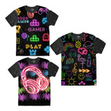 Kit 3 Camisetas Infantil Neon Brilha Luz Negra Moda Retrô