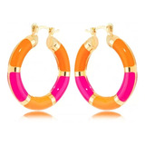 Brinco Argola Esmaltado Laranja E Pink Folheado A Ouro 18k