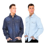 Kit 2 Camisas Jeans Masculina Botão Manga Longa Social Bolso