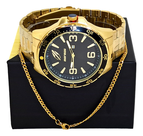 Relógio Mormaii Masculino Dourado Original + Corrente 70cm