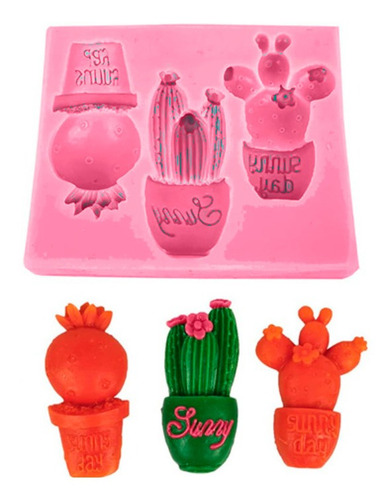 Molde Silicona 3 Cactus En Maceta Grande Fondant Porcelana