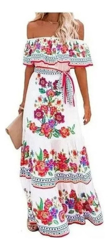 Maxi Vestido Con Estampado Floral Sin Hombros Elegante Noble