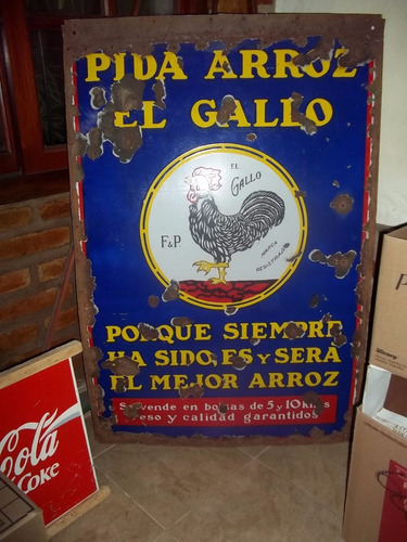 X - Antiguo Cartel Enlozado Arroz El Gallo -no Se Envia