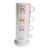 Juego Set 4 Tazas Café Cerámica Con Base Metal Gatitos