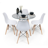 Comedor Redondo De Vidrio 80cm + 4 Sillas Eames Blanco